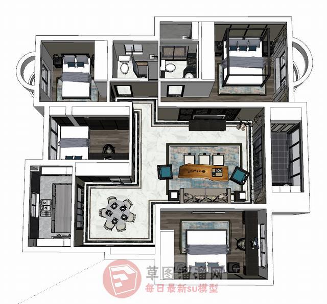 中式风格四房2厅SU模型