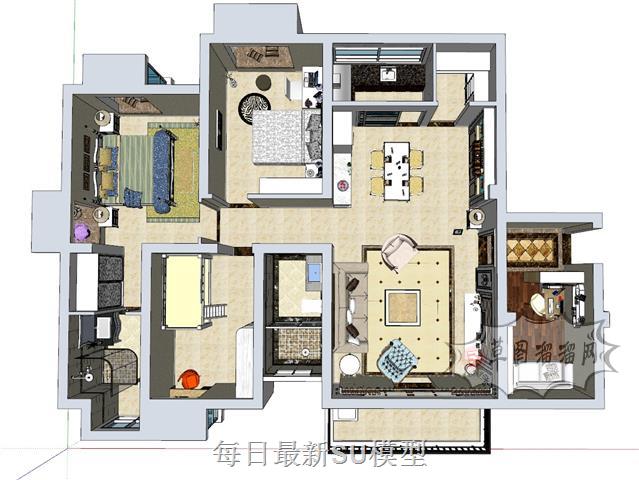 欧式风格四房两厅家装SU模型