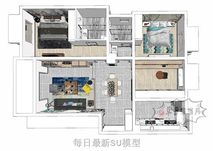 三室两厅室内家装SU模型