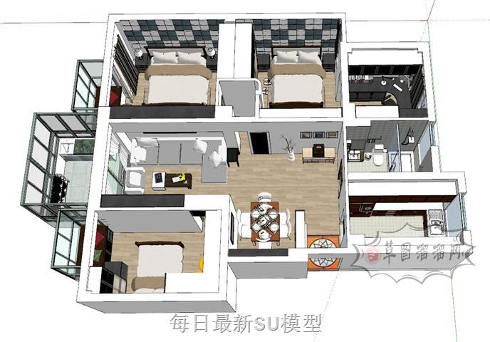 大三房室内家装SU模型