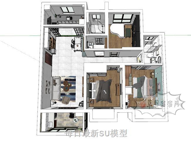 现代风格三房户型SU模型
