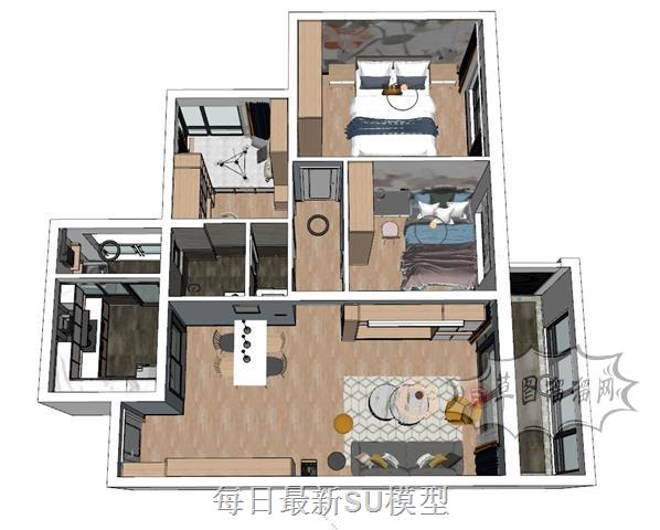 简约三房两厅家装SU模型