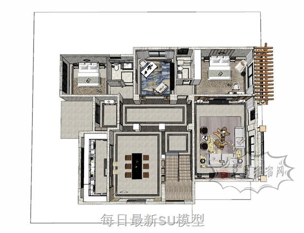新中式鸟瞰家装SU模型