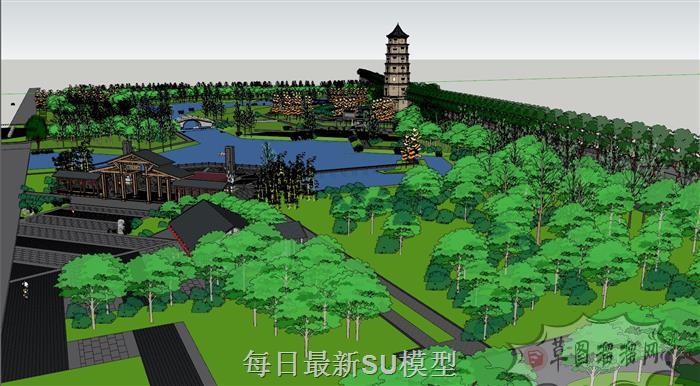 中式滨水公园SU模型
