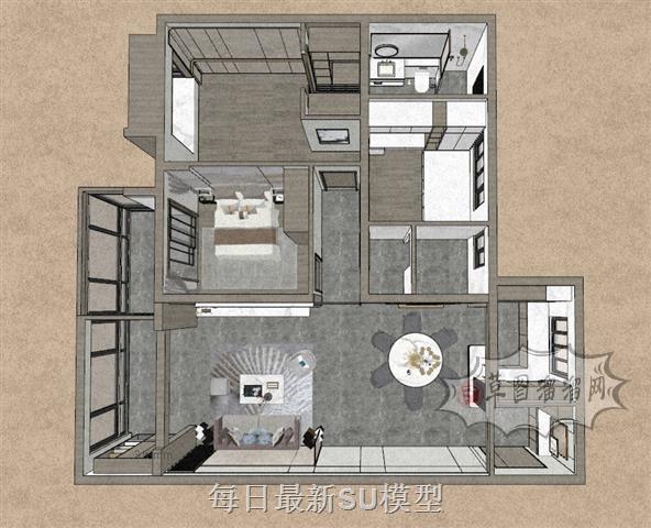 新中式样板间户型SU模型