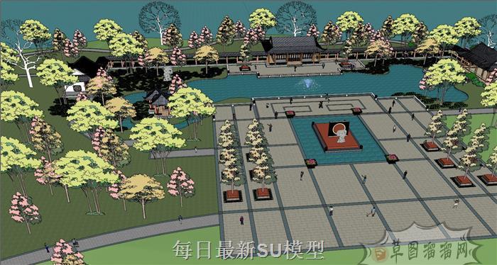 中式公园滨湖SU模型