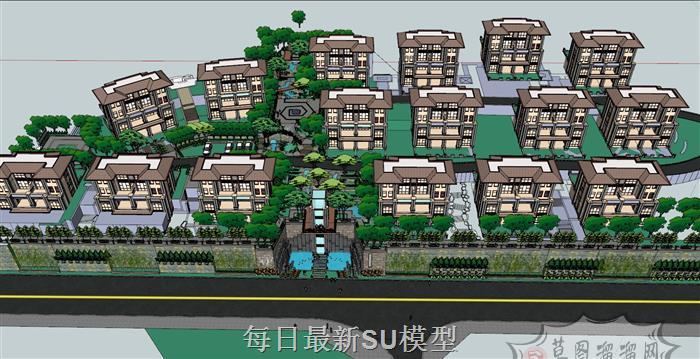 新中式小区建筑SU模型
