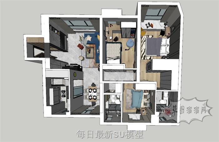 三房鸟瞰家装SU模型