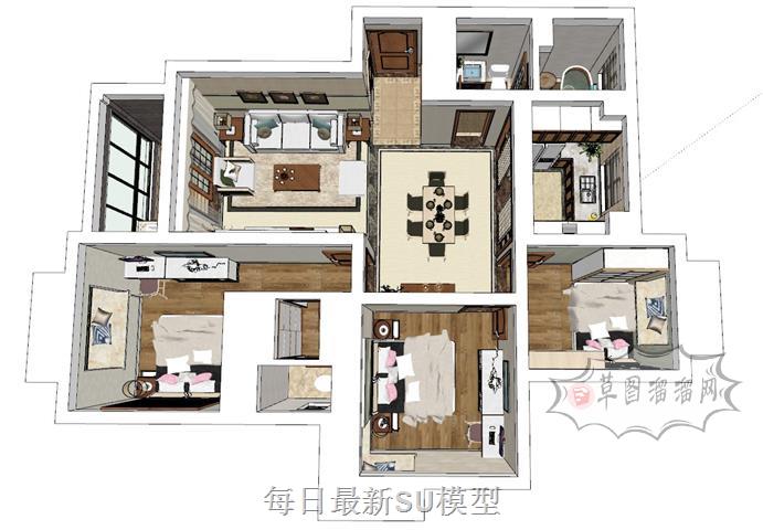 新中式家装户型SU模型
