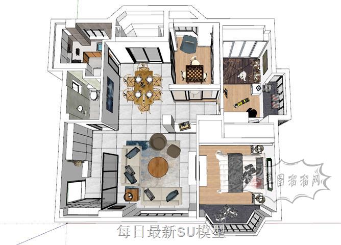 三室一厅家装户型SU模型