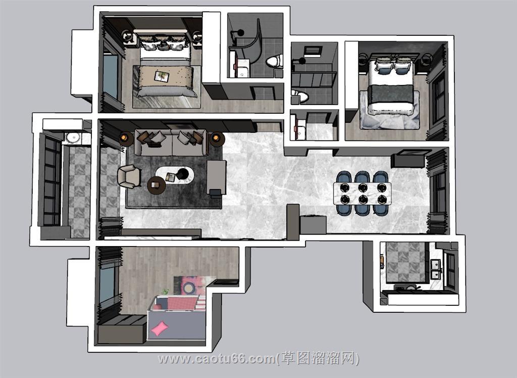 家装户型鸟瞰SU模型