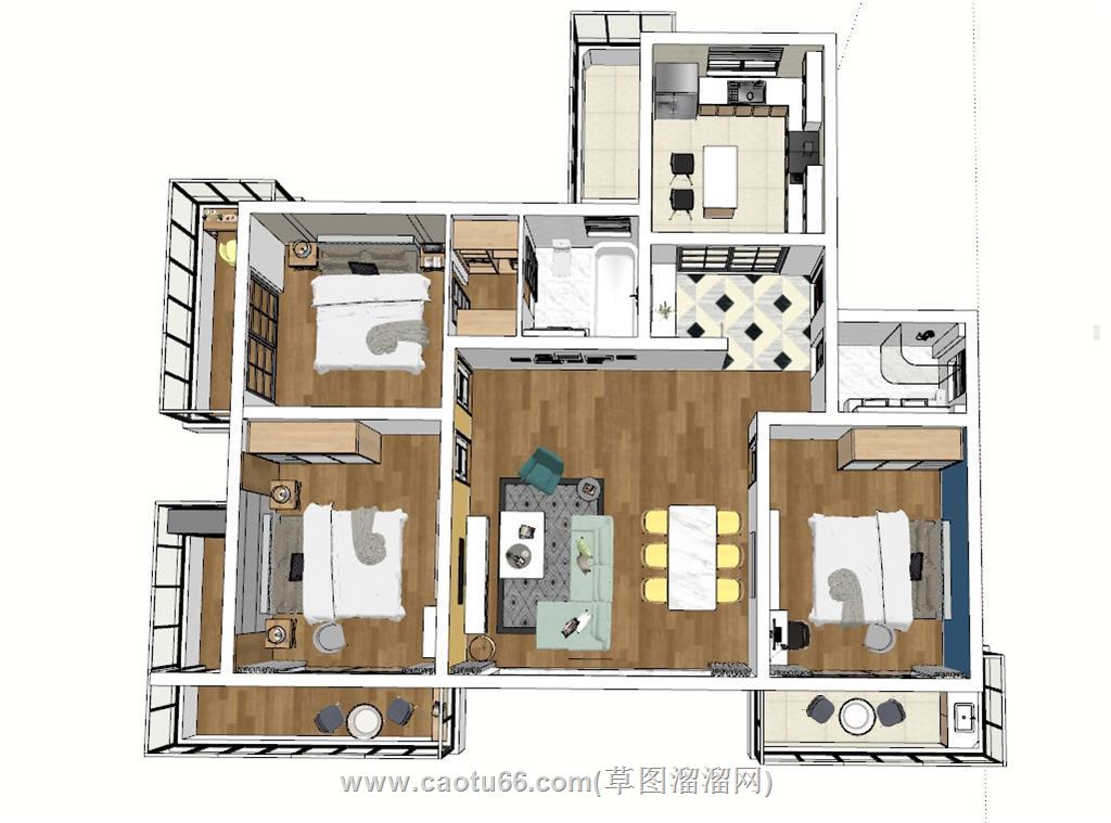 三房户型家装SU模型