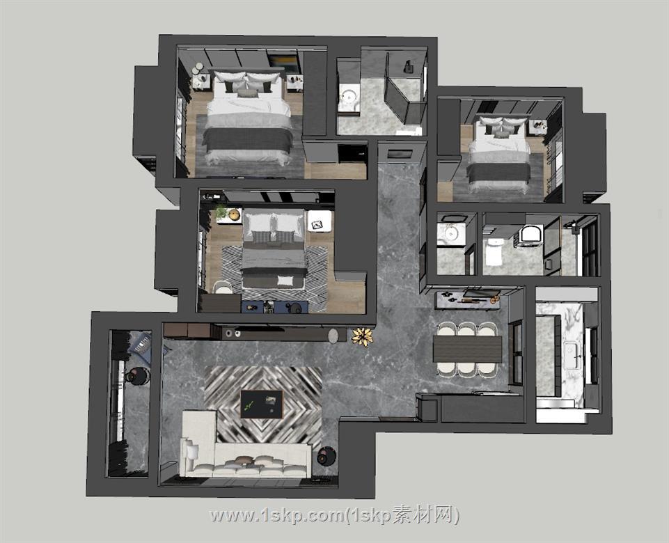 家装户型鸟瞰SU模型