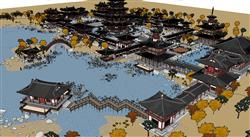 中式古建桥梁阁楼水榭