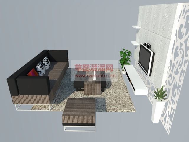 电视背景墙沙发茶几SU模型