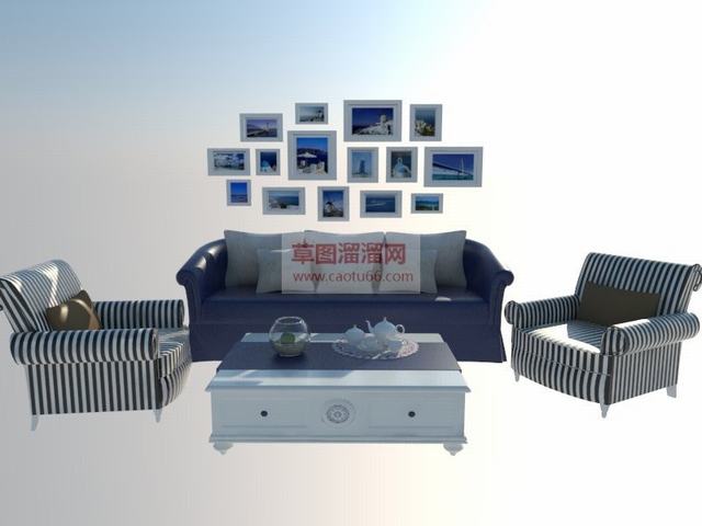 沙发茶几照片墙SU模型