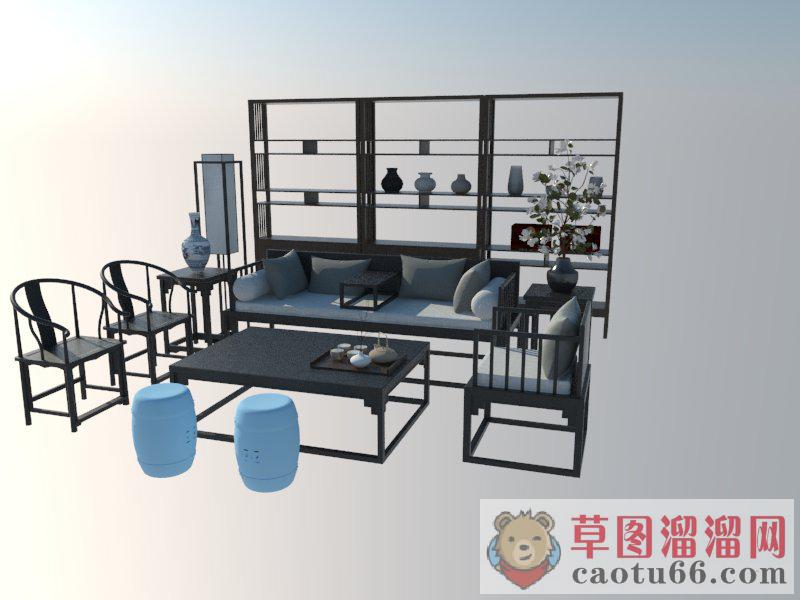 新中式沙发茶几SU模型