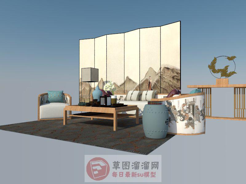 日式沙发屏风SU模型