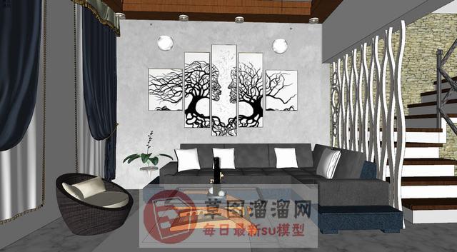 客厅沙发窗帘SU模型