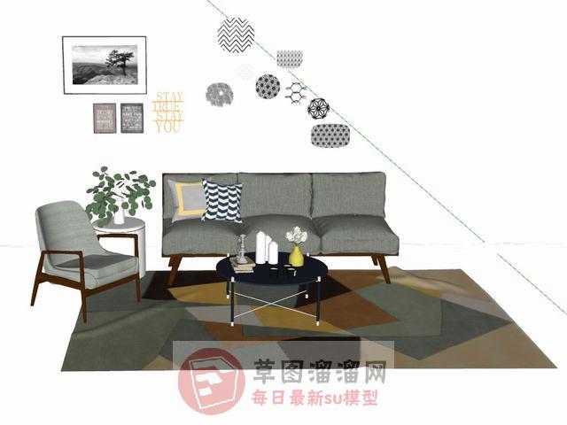沙发茶几照片墙SU模型