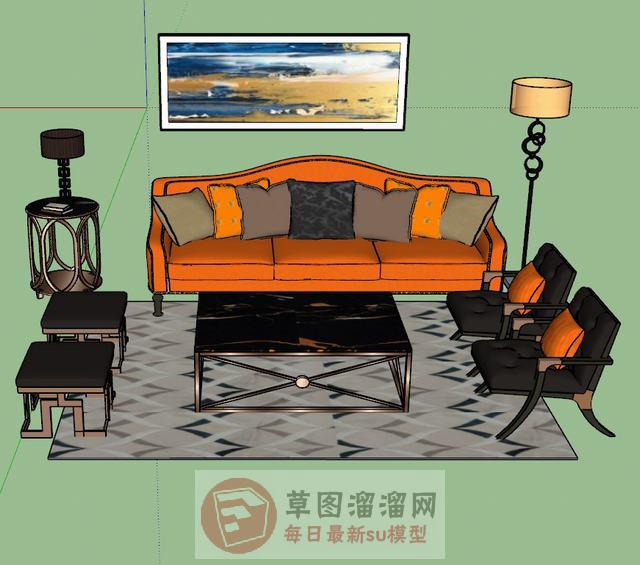 新中式沙发茶几SU模型