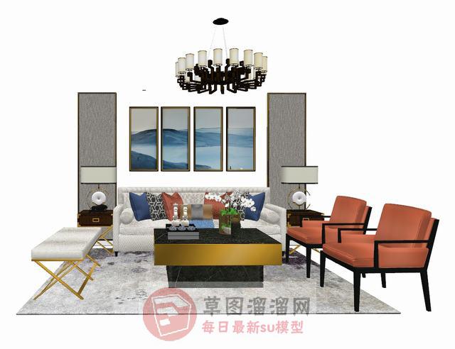 新中式客厅沙发SU模型