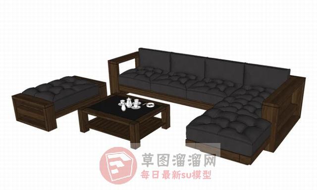 中式实木L型SU模型