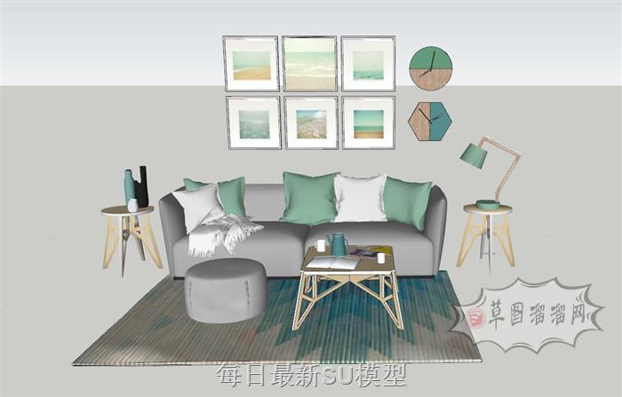 沙发茶几照片墙SU模型
