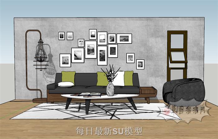沙发落地灯照片墙SU模型
