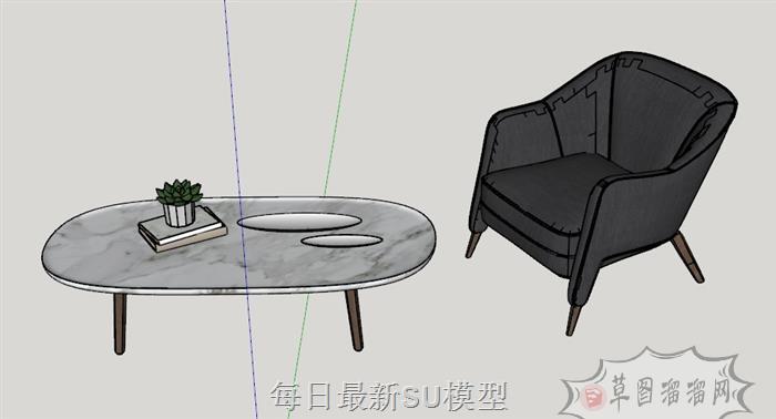 扶手椅沙发椅茶几SU模型