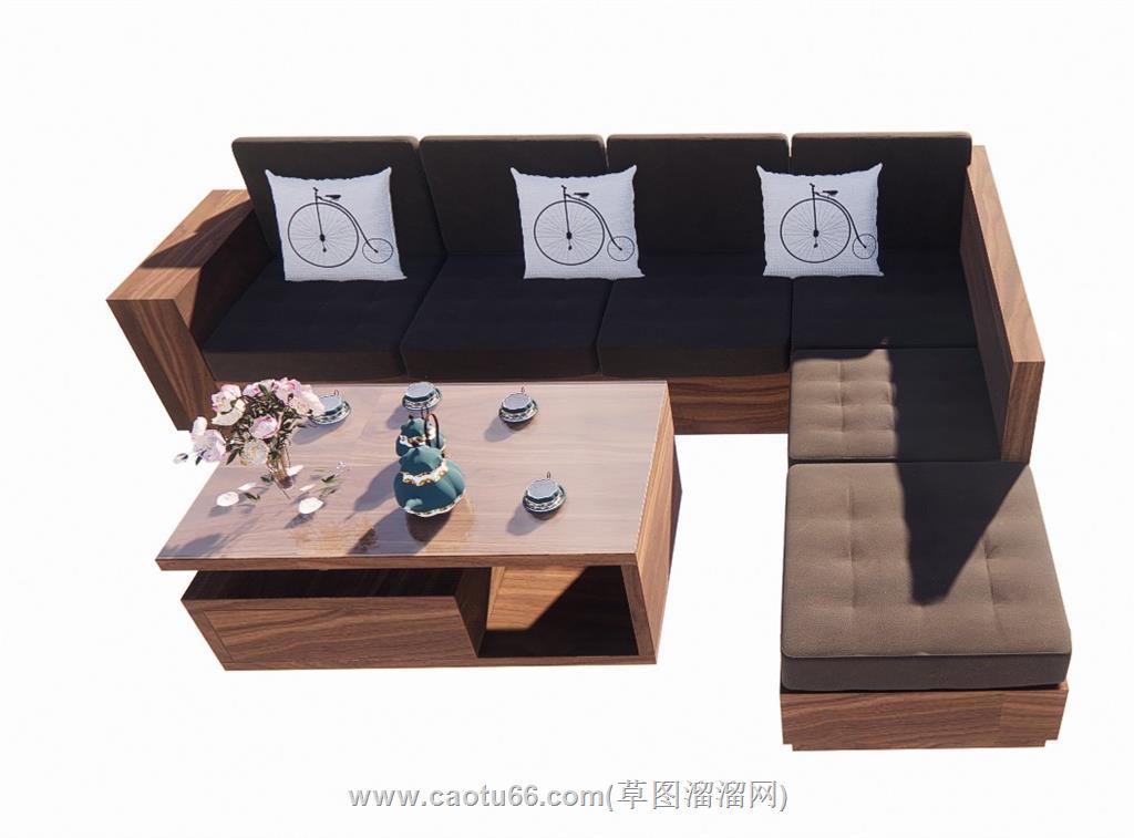实木L形沙发SU模型