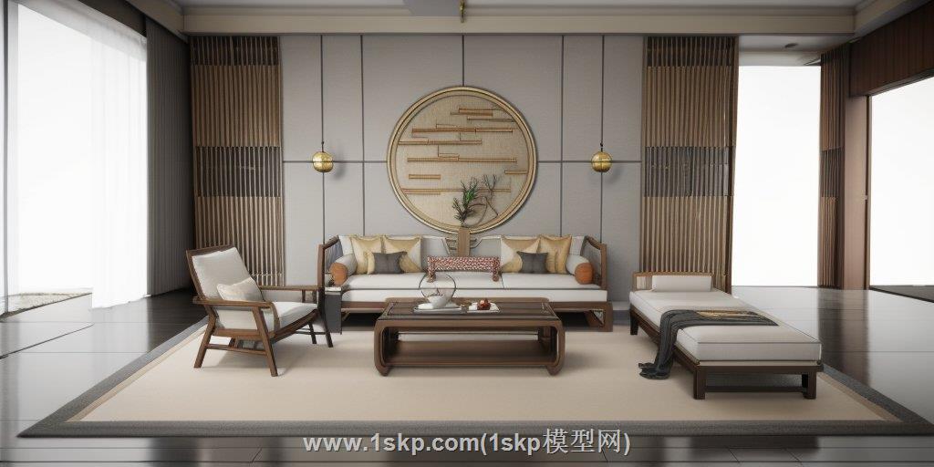 中式沙发背景墙SU模型