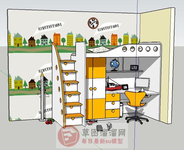 儿童床高铺床儿童书桌SU模型