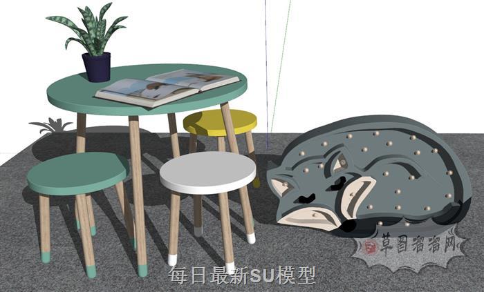 儿童桌椅狐狸摆件SU模型