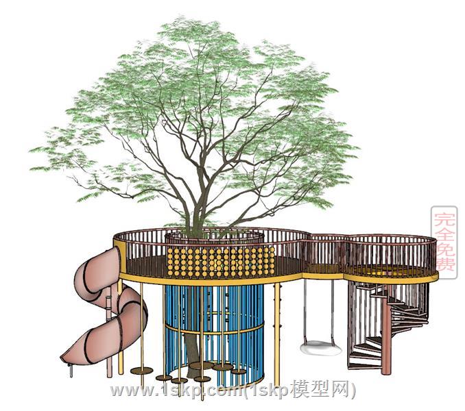 中间带树的儿童滑滑梯