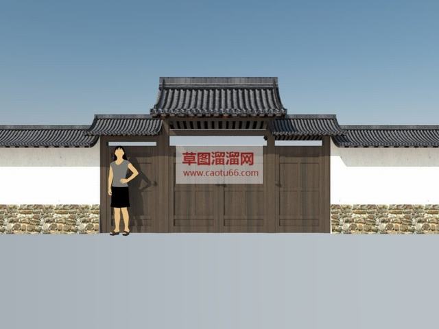 日式大门围墙SU模型
