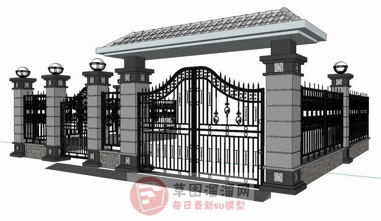 别墅铁艺大门围墙SU模型