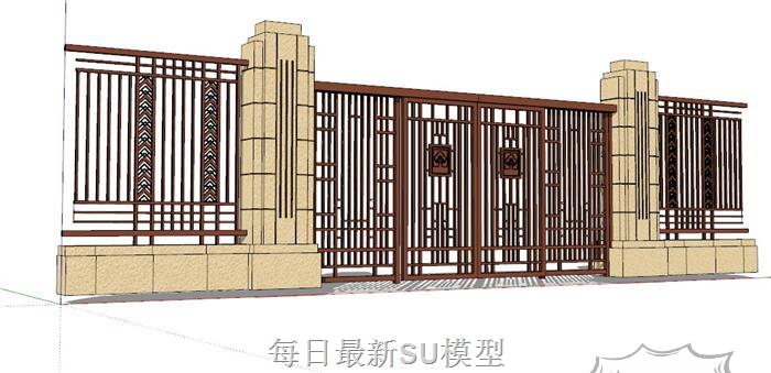 中式围墙铁艺门SU模型