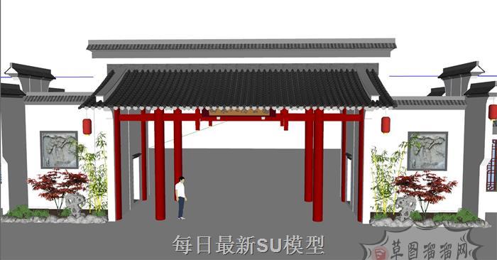 中式公园大门SU模型
