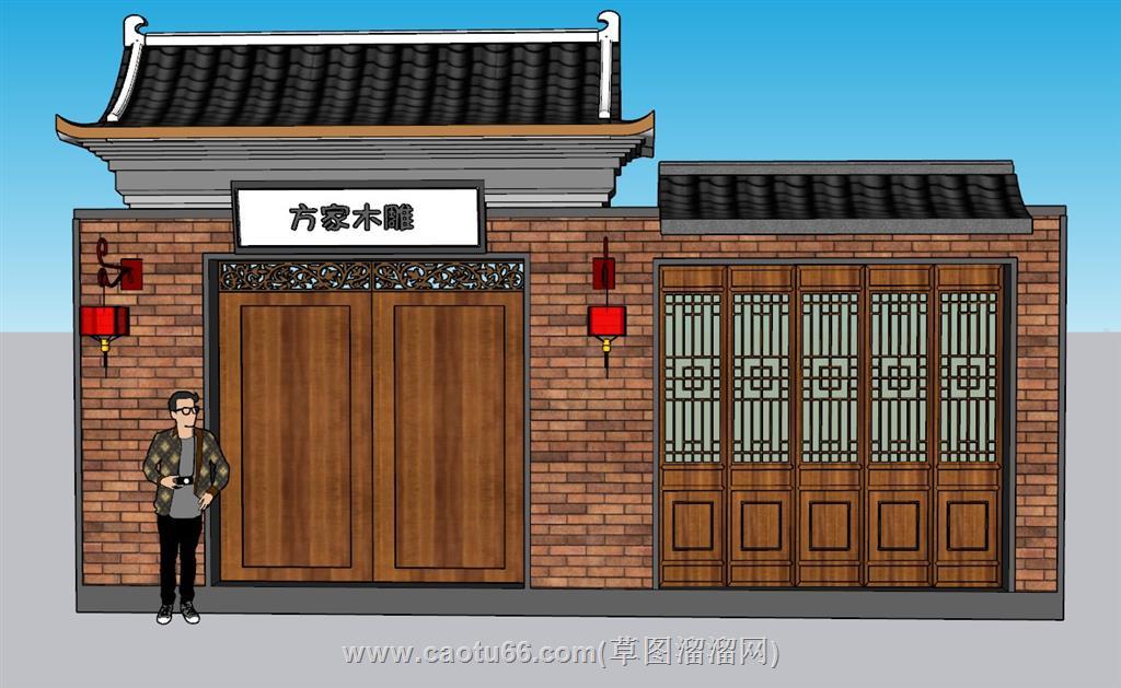 中式入户门木门SU模型