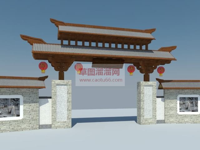 中式大门带灯SU模型