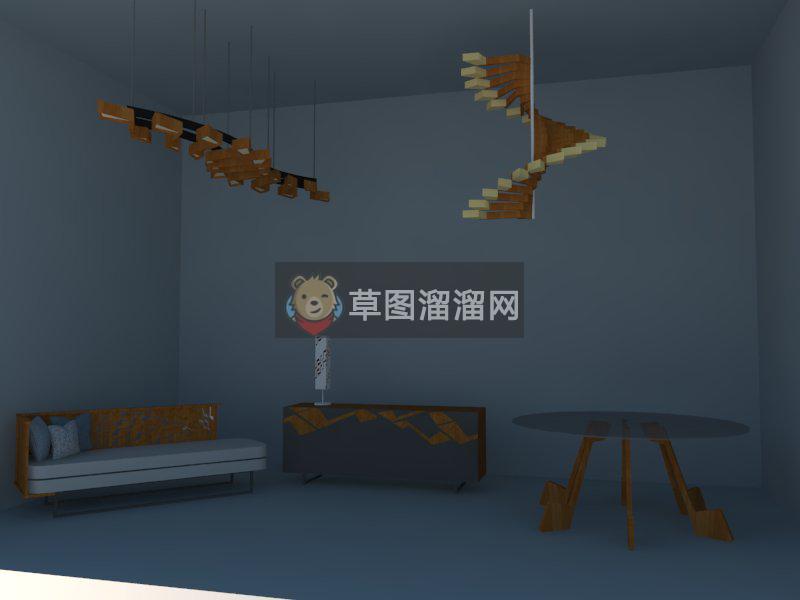 木制吊灯沙发SU模型