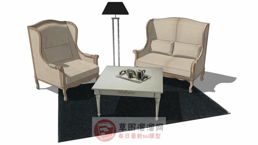 扶手椅小方桌落地灯SU模型