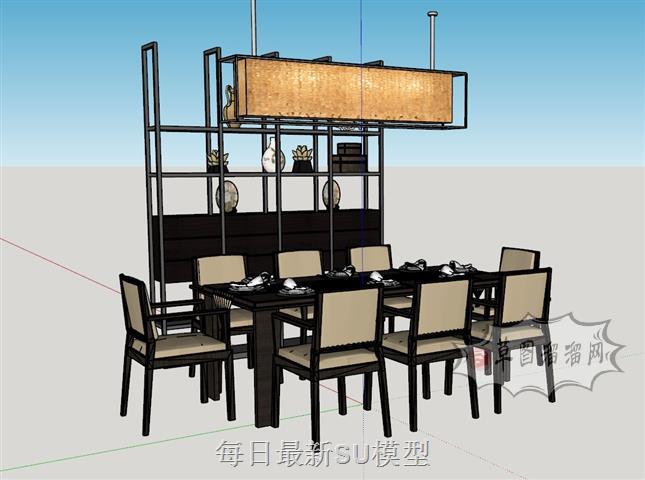 中式餐桌椅吊灯SU模型