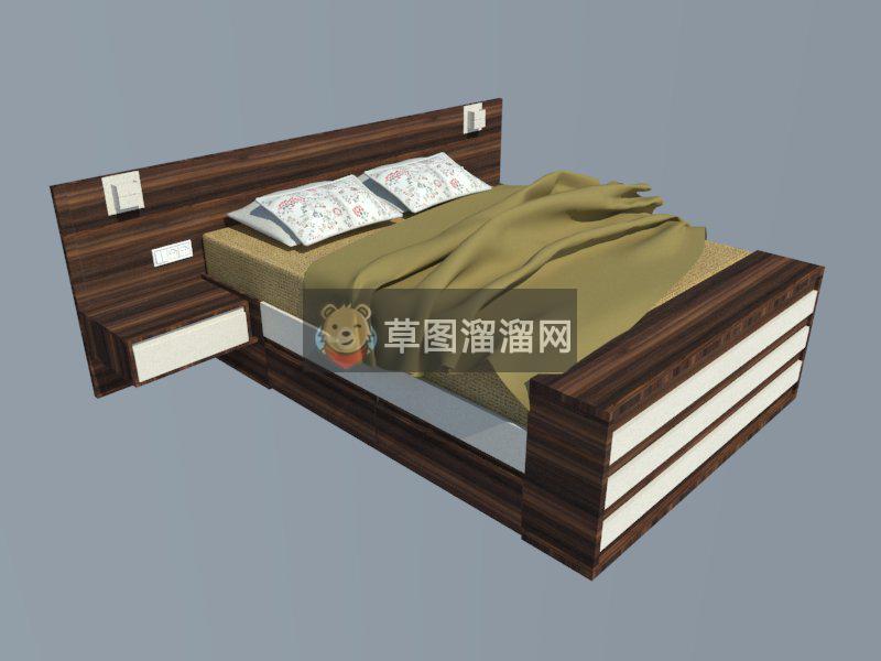木制双人床床铺SU模型