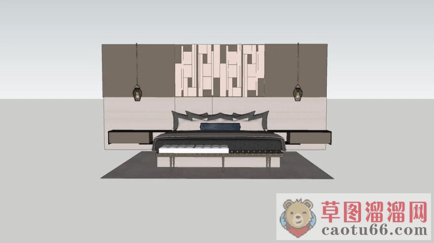 现代双人床背景墙SU模型