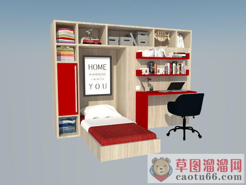 床铺书柜电脑桌SU模型