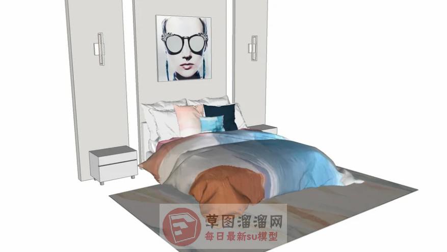 双人床床铺背景墙SU模型