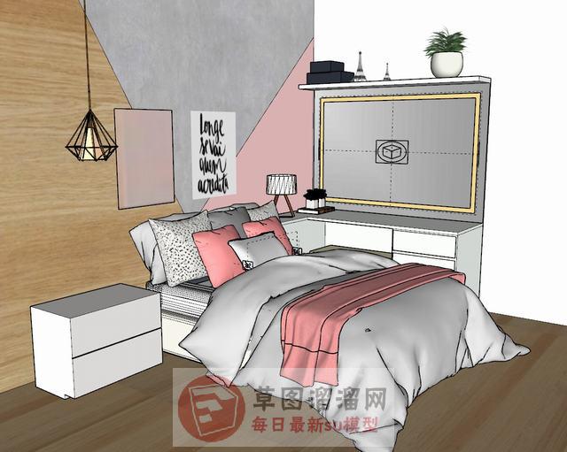 女儿房床铺梳妆台SU模型