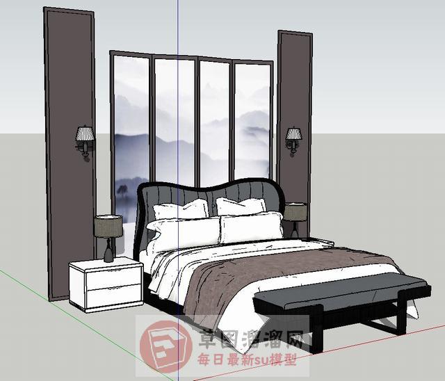 卧室床铺床头柜SU模型